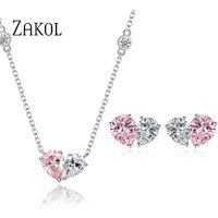 ZAKOL Romantic Pink Zirconia Heart Jewelry Sets for Women Fashion Water Drop Earrings Necklace Set Love Wedding Accessories