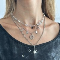 Fashion Multi Layer Silver Color Star Vortex Pendant Chain Necklace For Men Women Trend Rock Grunge Punk Jewelry Accessories