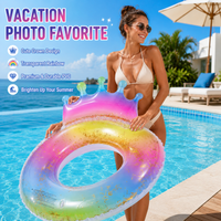 1PC Crown Shaped Rainbow Glitter Inflatable Float Ring, Portable Foldable Swimming Floating Tube Durable PVC Water Lounger