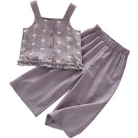 2025 Summer New Imitation Denim Bow Print Sleeveless Square Collar Top+pants 2-piece Set for Girls' Clothes Korean Version