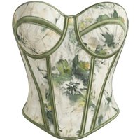 Green Printed Floral Jacquard Strapless Sweetheart Corset Top Back Lace Up Structured Bustier for Women