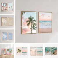 2pcs/set Pastel Beach Surfing Coastal Canvas Printing Soft Ocean Palm Tree Tropical Wall Art Poster for Modern Summer Home Decor