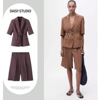Casual Suit Jacket 27087782 Short Shorts 87067896 Spring Fashion Set Women's Short Sleeve Blouse mid Waist Crop Pants