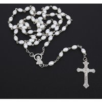 White Oval Pearl Rosary Necklace For Women Catholic Religious Crucifix Cross Pendant Gold Silver Color Chain Men Prayer Jewelry