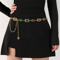 Retro Floral Carving Geometry Waist Chain for Women Trendy Metal Oval Imitation Pearls Body Chain Suit Pants Jewelry Accessories
