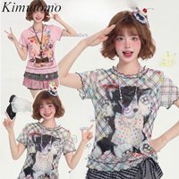 Kimutomo Women T Shirts Cartoon Printed Polka Dot Ruffles Patchwork Mesh Vintage Grunge Gothic Y2k Harajuku Tops Ladies Casual