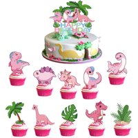 11pcs/set Pink Dinosaur Theme Birthday Cake Inserts Plaque Set Girls Pink Birthday Dinosaur Cake Toppers