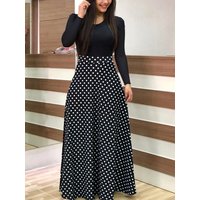 Polka Dot Print Medium Stretch Maxi Dress, Women's Plus High Waist Elegant Long Dress