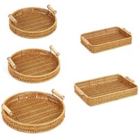 New 1Pcs Breakfast Bread Handwoven Rattan Basket Fruit Vegetable Cake Wicker Round Shape Storage Tray With Handle Food Plate