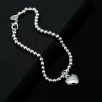 Charms 925 Sterling Silver Romantic Heart 4MM Beads Chain Bracelet for Women Fashion Jewelry Party Wedding Gift