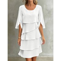 Ladies' spring and summer elegant and fashionable temperament commuting solid color round neck cake skirt patchwork dress