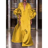 VONDA Women Summer Party Dress 2024 Elegant Lantern Sleeve Solid Satin Evening Sundress Casual Loose V-Neck Bohemian Maxi Robe