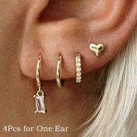 4Pcs Stainless Steel CZ Dangle Hoop Heart Stud Earrings Set for Women, 14K Gold Plated Mini Cubic Zirconia Ear Piercing Jewelry