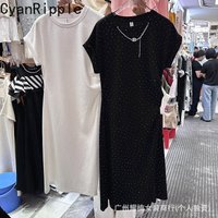 2026 New Summer Women Short Sleeve T-shirt Full Diamonds Hot Drilling Mid-long Tees A-line Dress Round Neck Casual Basic Top