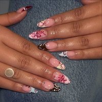 24PCS Retro Red Almond Press on Nails Sweet Flowers Butterfly Pattern Pink Blue French False Nails for Women Reusable Fake Nails