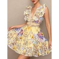 VGH Floral Printing Tunic Ruffles Dresses for Women V Neck Flying Sleeve Patchwork Single Breasted Sexy Short Dress Female New