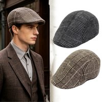 Rerto British Style Men Autumn Winter Warm Plaid Check Printed Baseball Hat Newsboy Painters Beret Hat Gentleman Cabbie Flat Cap
