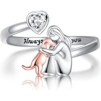 Huitan Two Tone Girl Dog Hug Ring for Women "Always with you" Engraved Pet Lover Open Rings Mother's Day Gift Statement Jewelry