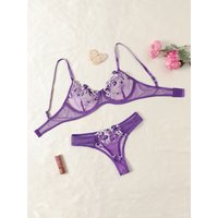 Purple Fancy Sexy Lingerie Set See Through Hot Female Underwear Embroidery Flower Bra And Panty Sets Women Erotic Outfits