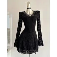 Gothic Black Lace Dress Women Casual Sweet Elegant Bodycon Short Party Dress Office Lady Korean Fashion Y2k Vintage Clothing