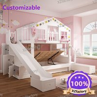 All-solid Wood Tree House Bunk Bed with Slide, High Guardrail Design for Girls