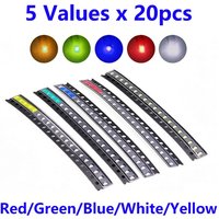 100pcs=5colors x 20pcs 0201 0402 0603 0805 1206 1210 3528 2835 3014 3030 5050 5730 SMD LED Diode Kit Red/Green/Blue/White/Yellow
