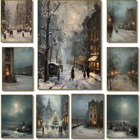1pc frameless canvas Vintage Winter Cityscape Village Snowy Christmas Street Poster Print Wall Art for Living Room Home