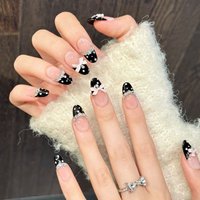 10PCS Handmade Short Almond Press on nails with Polka Dot Black French False Nails Sweet Bowknot Style Fake Nail Patches