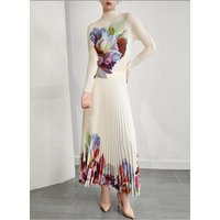 Foreign Trade Women's Pleated Print Stand Collar Long Sleeve Pullover Floral Long Sleeve T-Shirt and Skirt Two-Piece Set