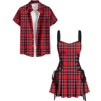 Deep Red Matchable Couple Outfits Hawaiian Plaid Two Tone Print Shirt or Plus Size Lace Up A Line Tank Dress