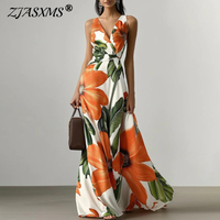 Sexy V Neck Floral Print Boho Long Dress Women Casual High Waist Party Maxi Dress Summer Sleeveless Holiday Beach Dress Vestidos