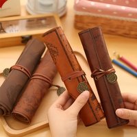 PU Vintage Treasure Map Pencil Case Large Capacity Compass Rollup Storage Organizer Stationery Bag with Embossed Buckle