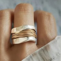 Vintage Two Color Metal Hand Carving Surround Women's Ring Geometry Daily Wear Party Jewelry