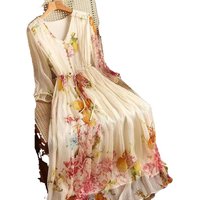 High End Floral Slimming Dress for Women's Spring and Summer 2025 New Print V-neck Oversized Vacation Long Skirt Over the Knee