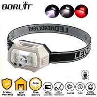 BORUiT Powerful Sensor Headlamp Dual White Red Light 7 Modes USB Charging Head Flashlight for Outdoor Camping Fishing Working