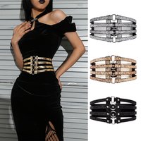 Goldener Stretch-Gürtel für Damen, stilvoller Look mit Kleid, Party-Taillenabdeckung, 4-reihiger, dekorativer Hohlgürtel mit Schlingenschnalle