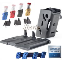 Aluminiowa ładownica szybkiego nabojowania do strzelby IPSC USPSA z mechanizmem szybkiego wypuszczenia i regulowanym mocowaniem do paska z wieloma kątami nastawiania.