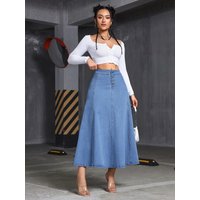 Ms. W's loose and flowing denim skirt, with elastic front front pocket fastening, large-sized denim skirt