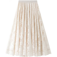 Spring Summer Women Lace Skirts Solid High Waist Elastic Vintage Elegant Office Ladies White Black Chic Long Skirts Jupe Longue