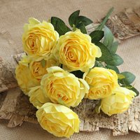Lifelike 10 Heads Yellow Silk Artificial Rose Bouquet Fake Flowers Wedding Bridal Engagement Valentine's Day Home Decor Floral A