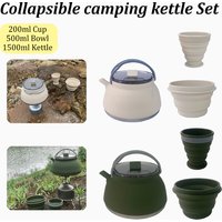 1.5L Collapsible Camping Kettle with Bowl&Cups Portable Silicone&Stainless Steel Outdoor Cookware Set Backpacking Picnic Travel