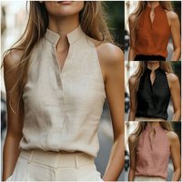 2026 Women's Summer New Daily Solid Color Casual Simple Versatile Comfortable Slim Stand Collar V-Neck Sleeveless Vest for Women