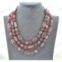 Z12046 50'' 18mm Pink Square Coin Baroque Pearl Round Chalcedony Jade Necklace