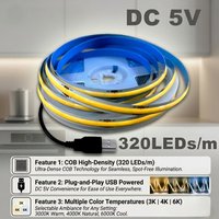 USB COB LED Strip Light DC 5V 320LED/m USB powered High Density Linear Lighting Flexible LED Strip Multi Color 3000K/4000K/6000K