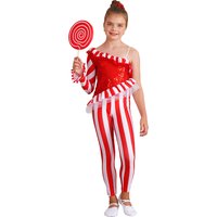 Kids Girls Christmas Ballet Dance Jumpsuit Candy Cane Striped Sequin One Shoulder Xmas Holiday Bodysuit Elf Costume Dancewear