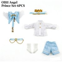 OB11 Angel Prince Outfit Set for 1/12 BJD Dolls, White Wing Blue Shawl Shirt Shorts with Crown Accessories (Doll Not Included)