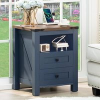 Nightstand with Charging Station, Farmhouse Night Stand with 2 Drawers and Shelf Storage, Blue Wooden Side End Table, Bedside Ca