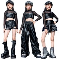 Kid Kpop Hip Hop Clothing Faux Leather Crop Tank Layered Skirt Cargo Pants Strap Shorts for Girl Group Jazz Dance Costume