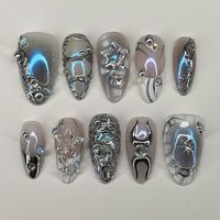 24pcs y2k Almond Fake Nail Tips Sweet Cool 3D Sliver Star Design Press on Nails Wearable Spicy Girls Blue Aurora False Nails