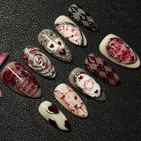 24Pcs Gothic Dark Fairy Fake Nails French Rose & Checkerboard Press on Nail Short Almond Full Coverage Nail for Women&Girl